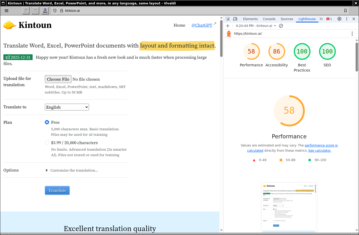 Initial Lighthouse score for desktop showing 55 performance