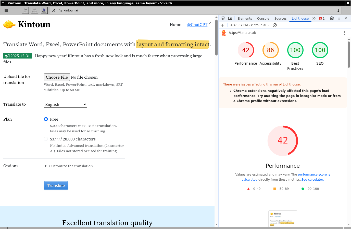 Initial Lighthouse score for mobile