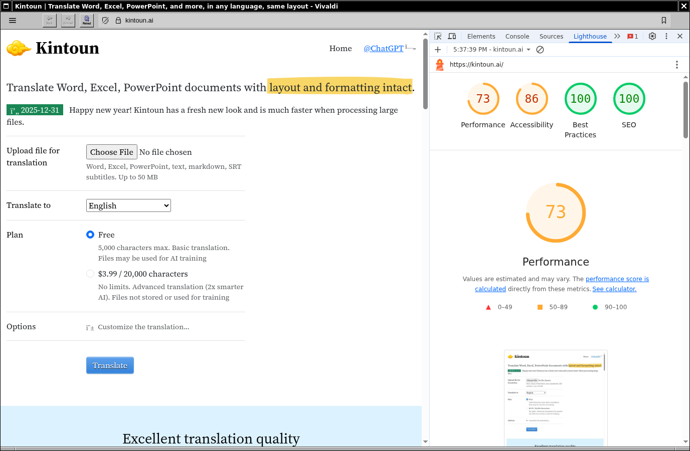 Lighthouse score unchanged after bundling Javascript